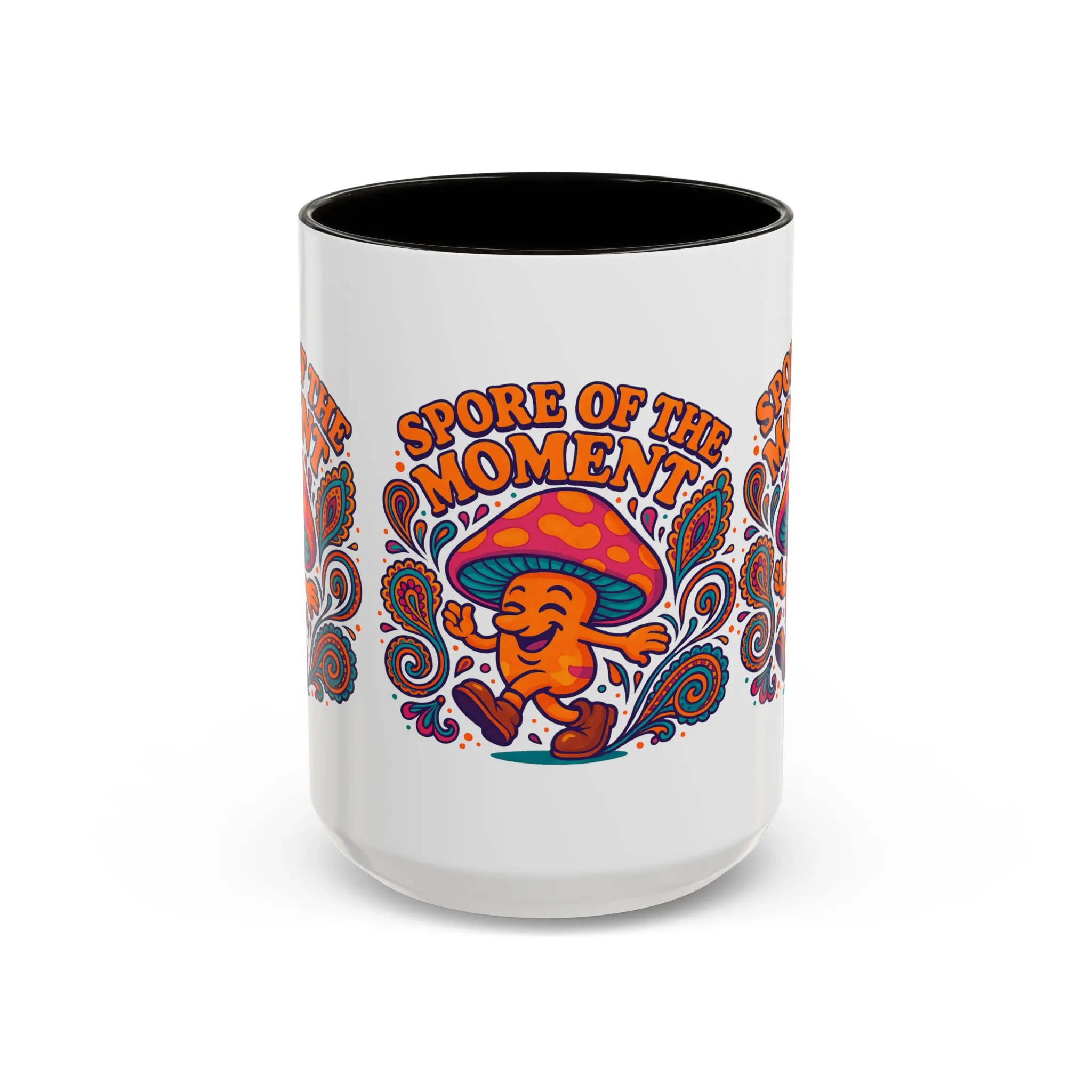 Mushroom Illustration Mug - Printed "Spore Of The Moment" Design, Reusable Kitchen Drinkware, Microwave-Safe | 15oz Glossy Ceramic  & Washable for Coffee & Tea