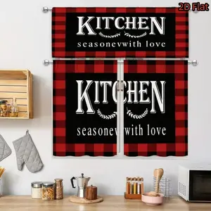 2D Flat, 2D Flat 1pc/2pcs Kitchen Curtains, Retro Red & Black Buffalo Plaid Theme Decor with "KITCHEN SEASONED LOVE" Print Rod Pocket Semi-Sheer, Rustic Farmhouse Style Window for, Dining Room, Cafe, Home, 2D Flat panel set darkening floral ruffle boho