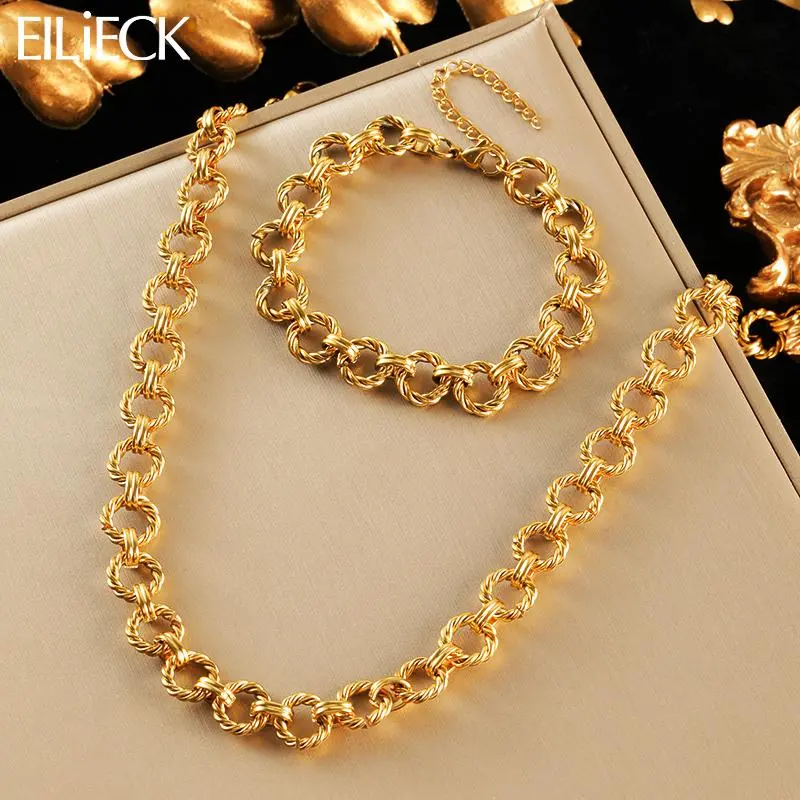 EILIECK 316L Stainless Steel Metal Gold Color Round Link Chain Necklace Bracelet Set For Women Fashion Punk Waterproof Jewelry