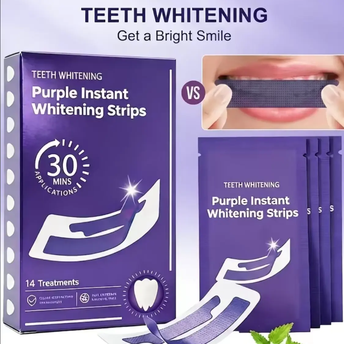 Purple Teeth Whitening Strips – 14 Pairs, Peroxide-Free, Enamel-Safe, Non-Sensitive, Daily & Travel Use, Combines Whitening and Color Correction, Dental Care Brightening Oral Coffee Gentle Mint