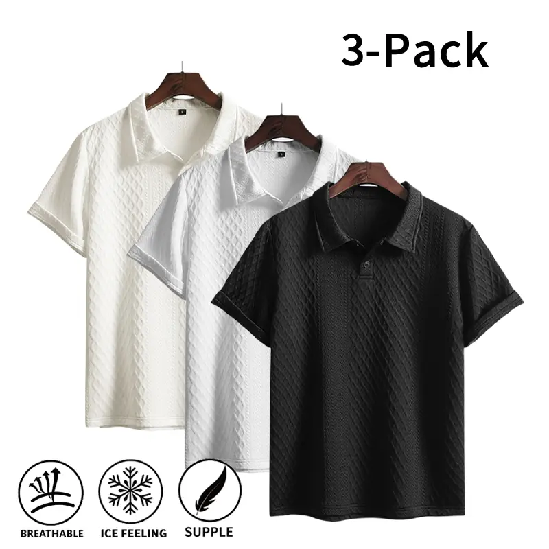 Men’s 3 Pack Cooling Polo Shirts, Breathable Soft Knit Tops, Textured Wrinkle Resistant Short Sleeves for Summer Casual Wear