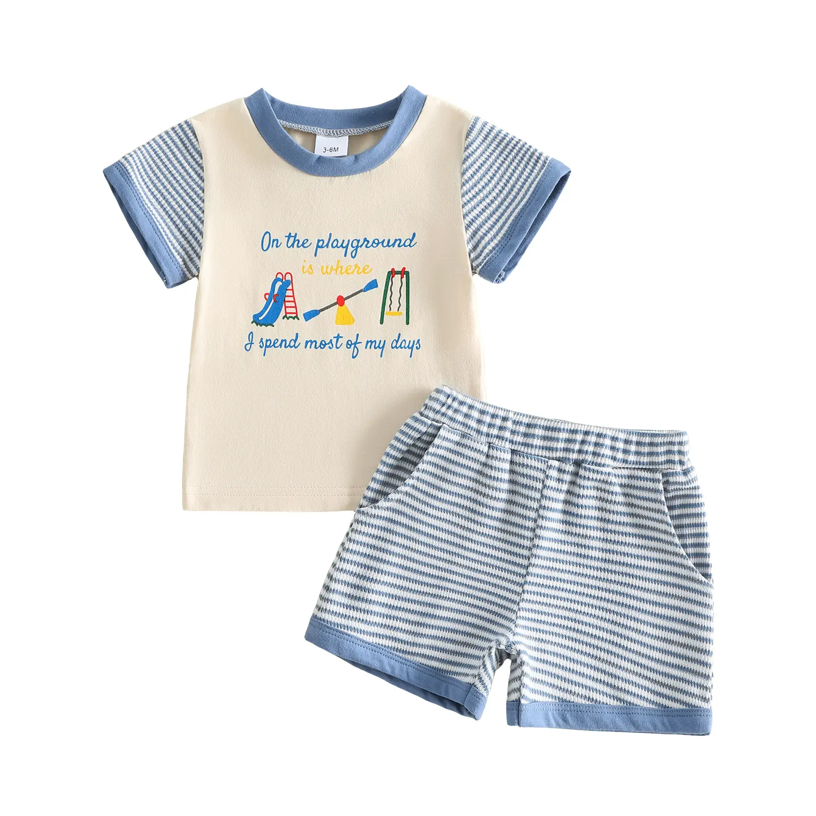 Toddler Baby Little Boy Waffle Shorts Set Playground Letter Print Short Sleeve T-shirt and Striped Shorts Outfit 1-6 Years