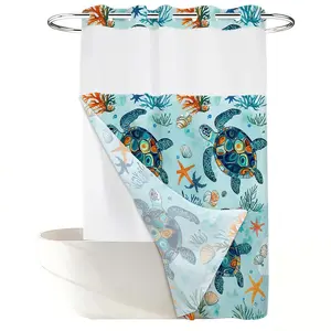 1PC 2D Flat Healing Tropical Coral Reef Sea Turtle Shower Curtain, Allover Starfish Shell Design, Waterproof Detachable Liner Bathroom Curtain (No Hooks)