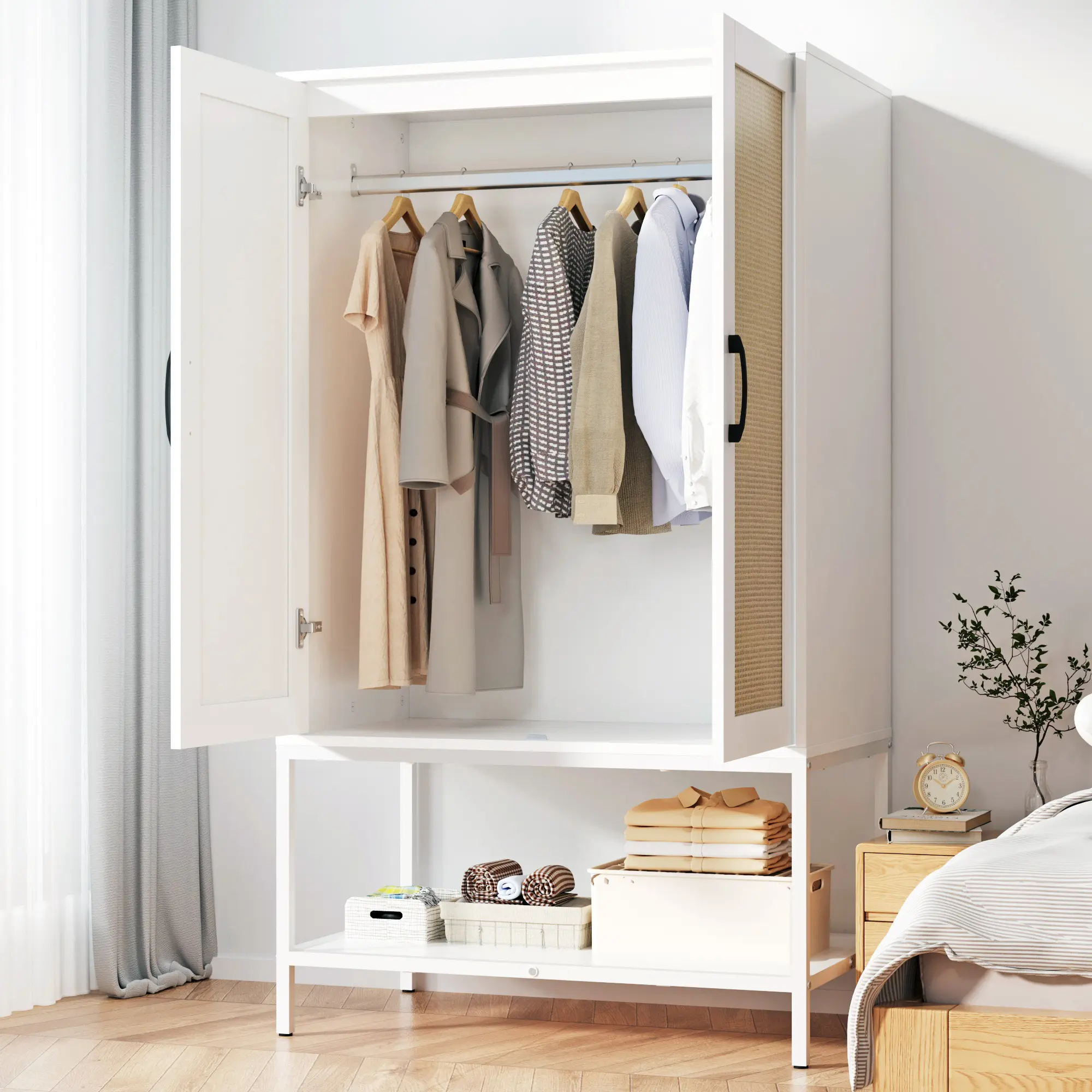 Freestanding Wooden Wardrobe Organizer - 2-Door Rattan Bedroom Armoire with Hanging Rod, Shelves