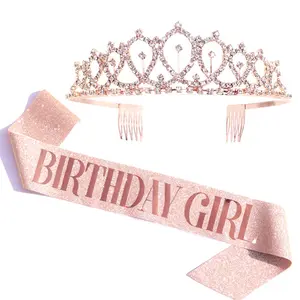 Birthday Girl Sash & Rhinestone Tiara Kit - Rose Gold Glitter Sash & Party Favors