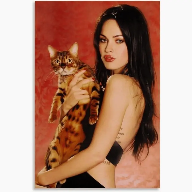 Glam Woman with Spotted Cat Poster Red Portrait Wall Art Feminine Aesthetic Poster Bedroom Wall Art, Premium Poster, Home Decor Idea, Room Decoration, Wall Art Decor