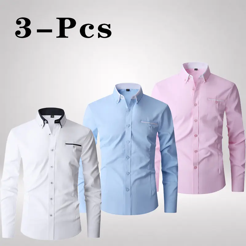 2 Pack/3Pack Men's Solid Collared Long Sleeve Button Down Dress Shirts, Breathable Business Casual Shirts for Wedding, Dating & Daily Wear