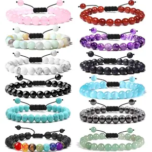 12 PCS 8mm Stone Bracelet Set Healing Stone Bracelets for Men Women Round Beaded Adjustable Macrame Bracelets
