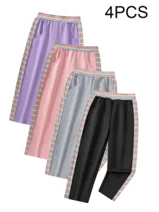 4-Piece Set Girls' Fashion Casual Pants, Loose Pants, Side Colorful Stripes, Pockets, Comfortable, Suitable for School, Outdoor Activities, Parties