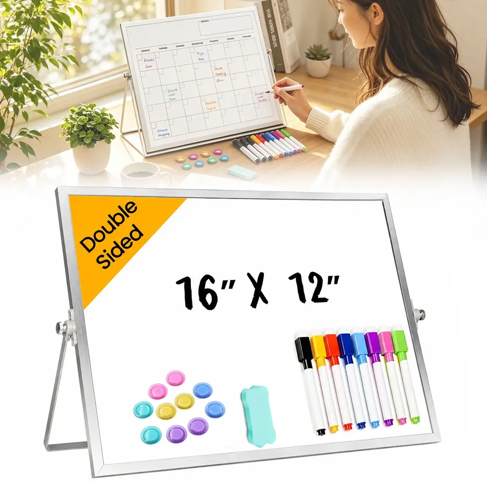 Double-Sided Magnetic Desktop Whiteboard with Stand (16x12 in, 1 Piece) - Lightweight & Portable, Easy to Clean, Includes 1 Eraser, 10 Erasable Pens, 10 Magnets - Versatile Use for Home Organization, Classroom, Office