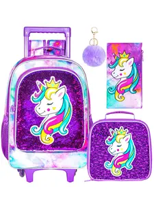 Three-Piece Girl Rolling Wheels Backpack Set, Unicorn Design Wheel Book Bag for Kids, Elementary School Wheeled Backpacks, All Seasons
