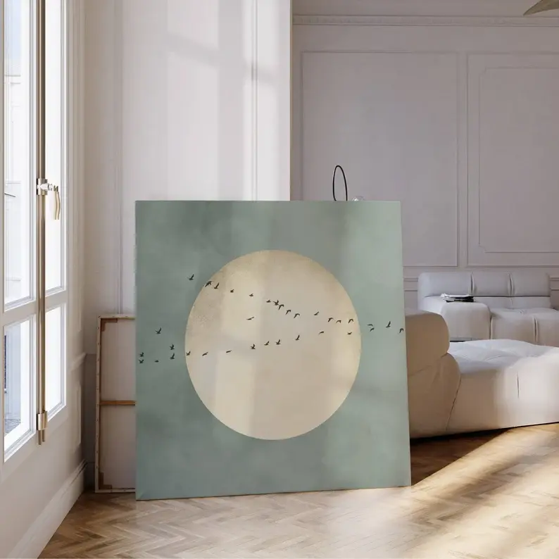 Minimalist Moon and Flying Birds Wall Art, Sage Green Nature Print, Neutral Japandi Landscape Artwork for Living Room Bedroom Home Decor
