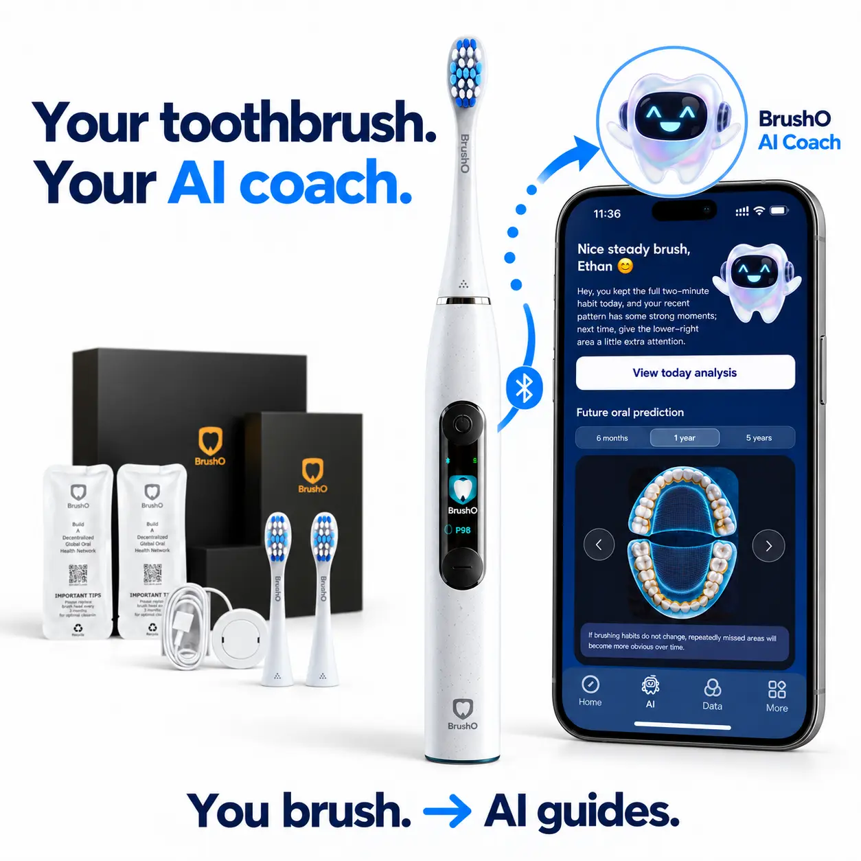 BrushO AI Smart Sonic Electric Toothbrush for Adults - 64000 VPM Deep Cleaning, Real-Time Brushing Feedback, TFT Color Display, Pressure Sensor, APP Tracking, IPX7 Water Resistant, 45 Day Long Battery, Built-In Batteries, At Home Dental Care