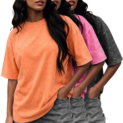 Women’s vintage washed pure cotton crew neck short-sleeve loose T-shirt – women’s casual streetwear apparel, top, short sleeves, pure cotton fabric, T-shirt, crew neck, solid color, basic women’s item, vintage T-shirt