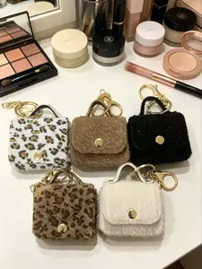 Fuzzy Mini Keychain Purse, 7x5cm Plush Earbud Bag, Button, Leopard Print & Solid Colors, Portable Coin Purse, AirPods Holder
