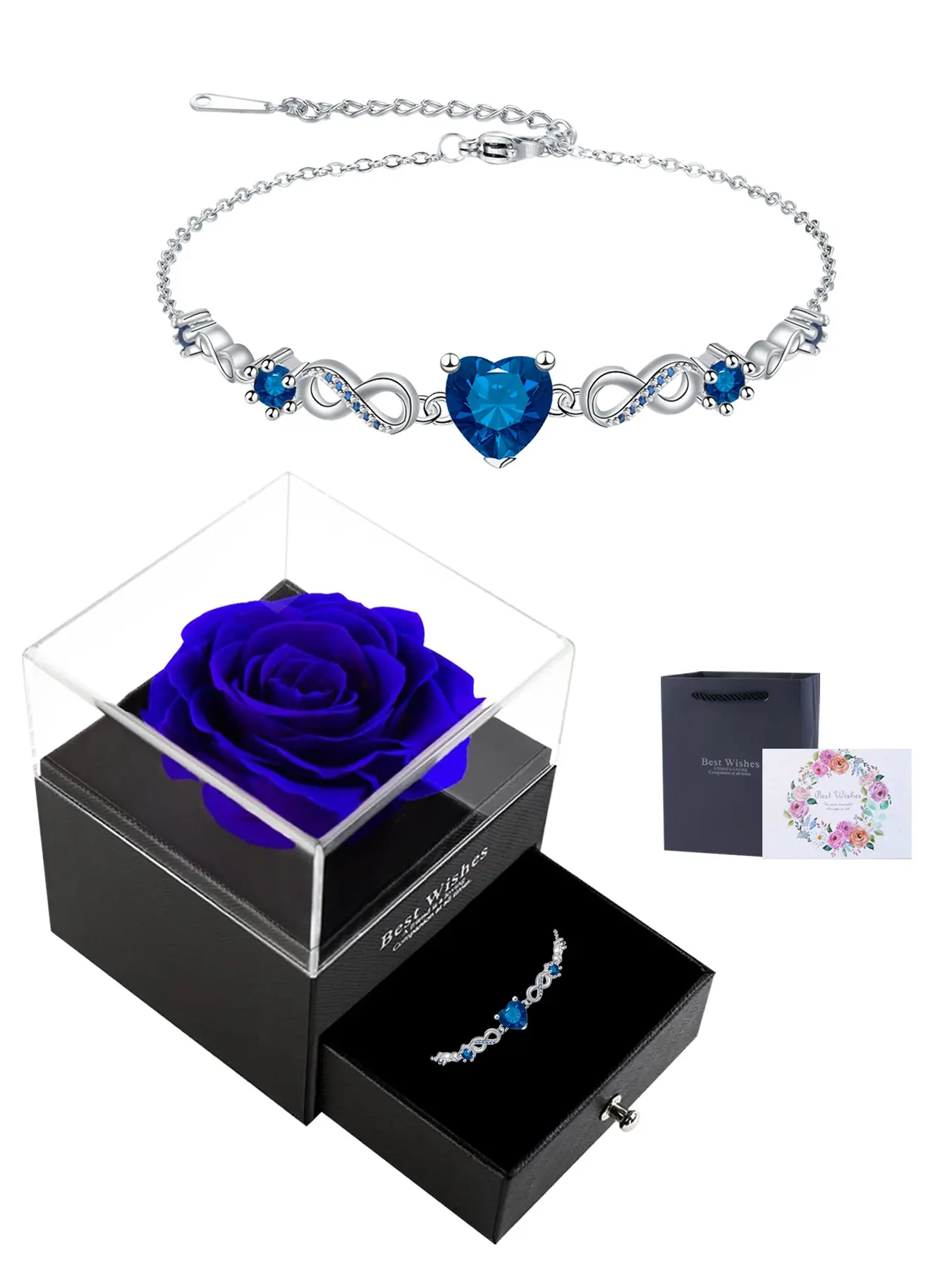 Infinity Blue CZ Heart Bracelets With Rose Jewelry Box for Women, 18k White Gold Plated Hypoallergenic Link Bracelet, Heart Design Bracelet, Heart Shaped Bracelet, Christmas Jewelry Gifts for Women Wife Mom Girlfriend Her