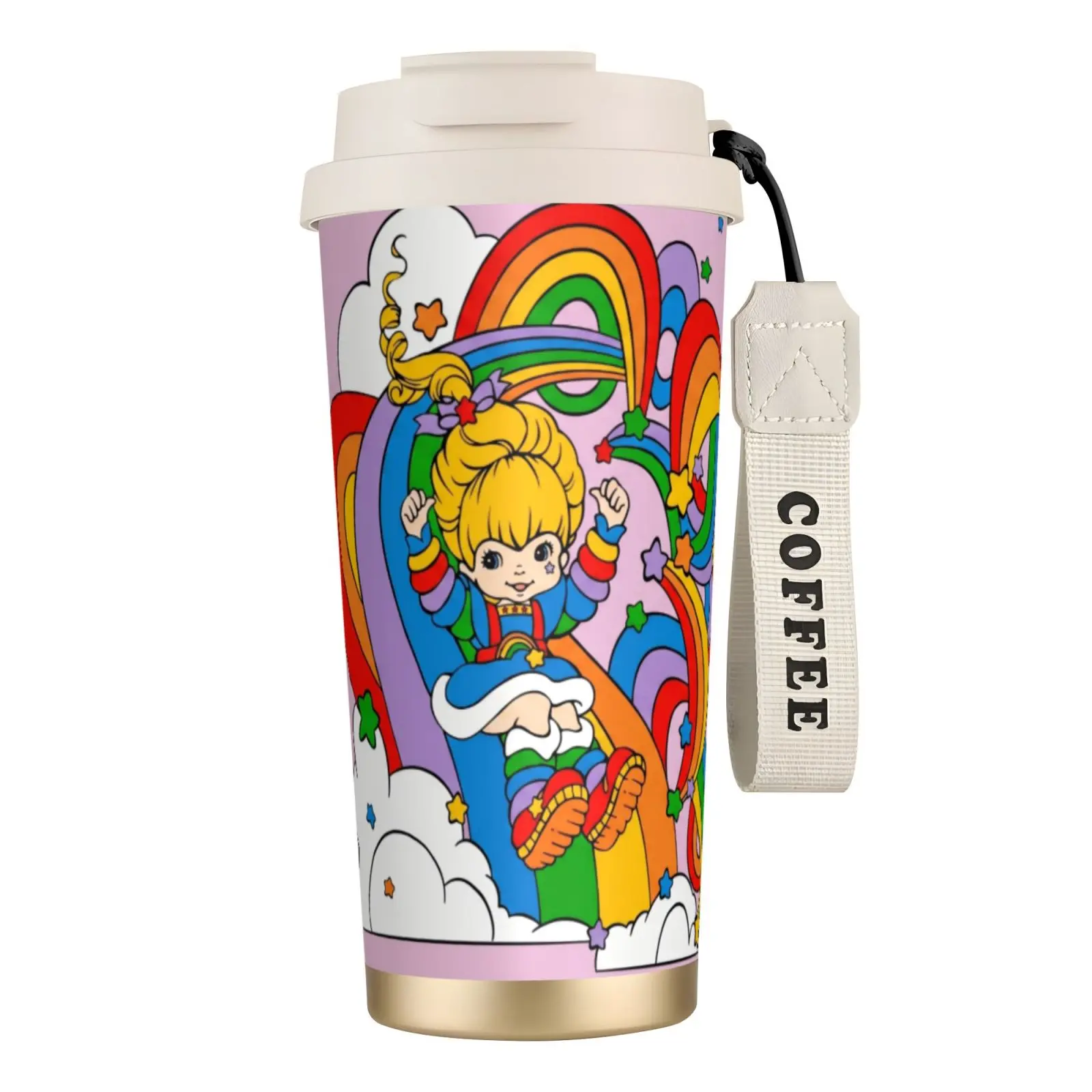 Rainbow Brite Thermal 316 SS 500ml Insulated Vacuum Flask - Insulated Vacuum Cup Tumbler with Strap, Spill-Proof Lid, Portable Design for Hiking, Camping, Ideal for Coffee, On-the-Go Hydration