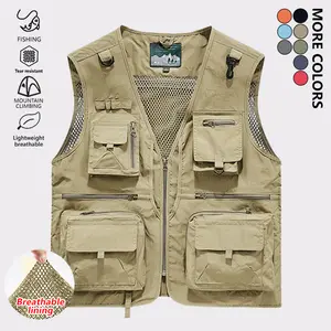 Men's lightweight quick-dry work vest, casual breathable solid-color tank jacket with multiple pockets and mesh lining, suitable for outdoor activities, fishing, hiking, and photography