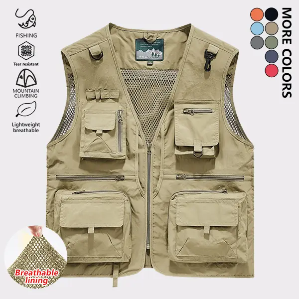 Men's lightweight quick-dry work vest, casual breathable solid-color tank jacket with multiple pockets and mesh lining, suitable for outdoor activities, fishing, hiking, and photography