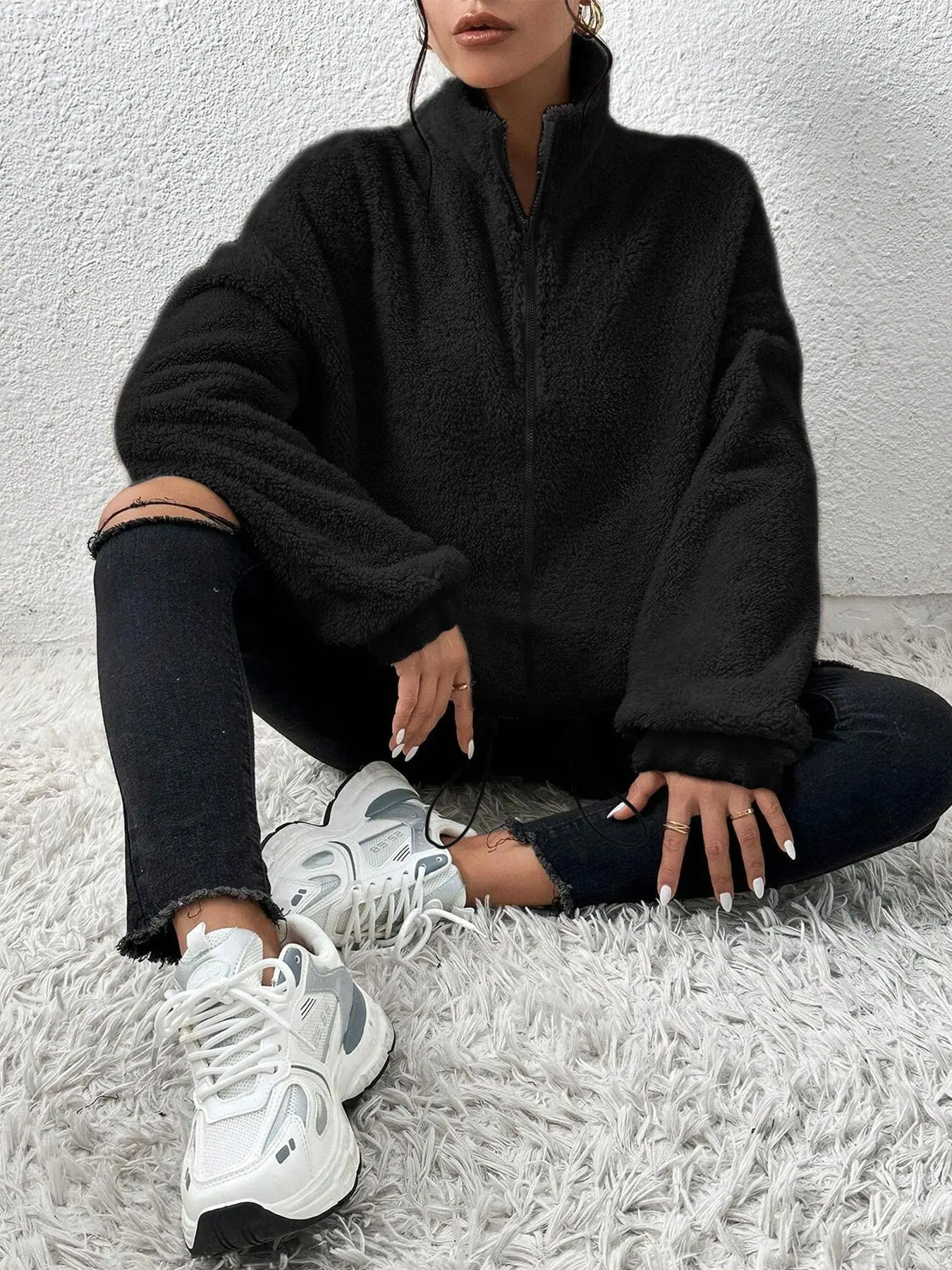 Women's Solid Fleece Jacket, Casual Oversized Baggy Long Sleeve Zip Front Outerwear for Fall & Winter, Women's Clothes for Daily Wear