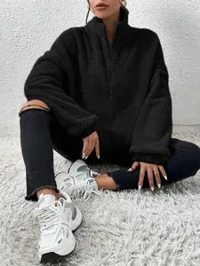 Women's Solid Fleece Jacket, Casual Long Sleeve Zip Front Outerwear for Fall & Winter, Women's Clothes for Daily Wear