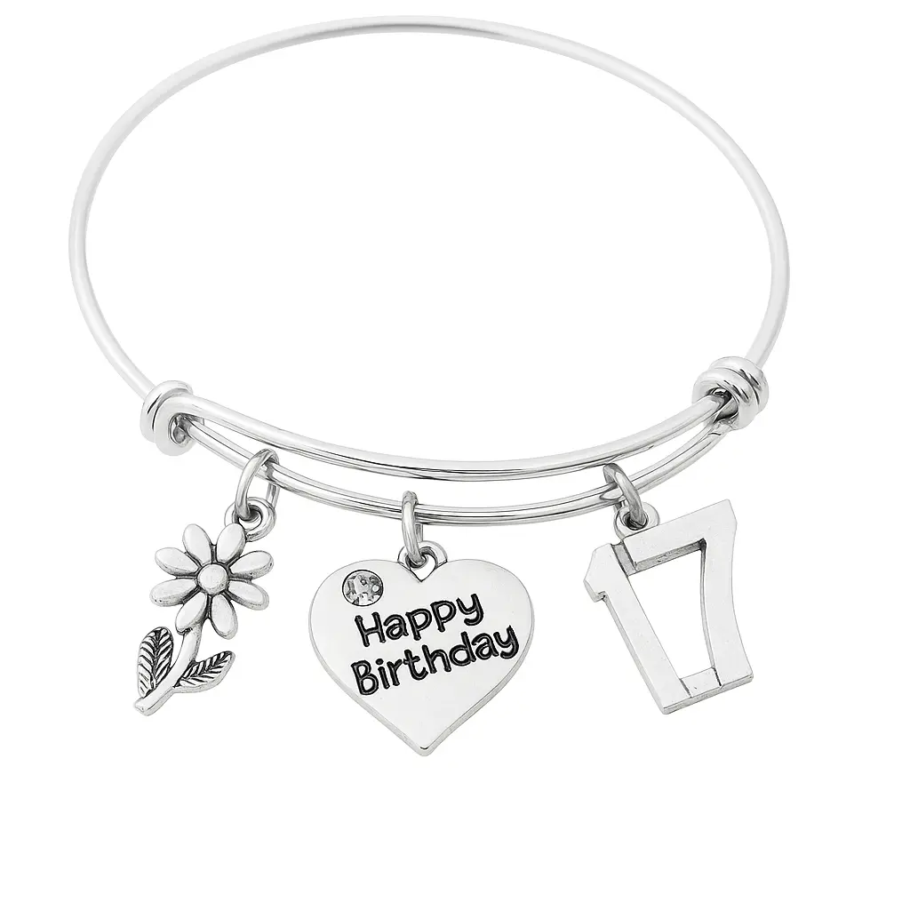 17th Birthday Charm Bracelet – Adjustable Silver Bangle with Happy Birthday Heart, Flower & Number 17 Charms