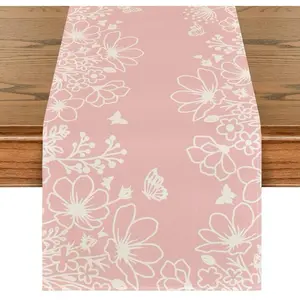Pink Bloom Flowers Butterfly Spring Table Runner, Seasonal Holiday Kitchen Dining Table Decoration for Home Party Indoor 13x72 Inch