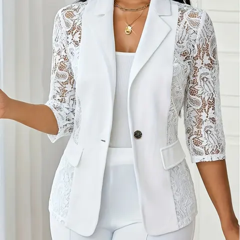Fashion Solid Color Thin Lapel Women's Fake Pocket Lace Seven-Quarter Sleeve Casual Jacket, Stylish and Comfortable Outerwear Style