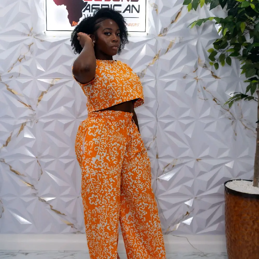 Two-Piece Set with Crop Top and Wide Leg Pants for Women, 100% cotton Ankara print