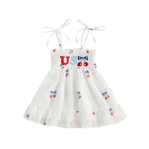 Imcute Toddler Girl 4th of July Dresses Letter Embroidered Tie Shoulder Smocked Ruffled Dress Adorable Summer Holiday Clothes