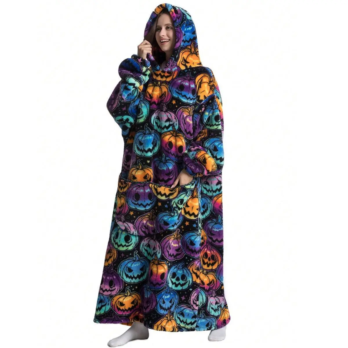 Oversized Hooded Flannel Wearable Blanket, Cozy Long-Sleeve Blanket Hoodie with Big Pocket