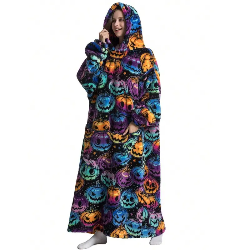 Oversized Hooded Flannel Wearable Blanket - 1-Size Long-Sleeve Hoodie with Big Pocket, Cute Pumpkin Cartoon Pattern, Spooky Unique Birthday Gifts Blanket for Halloween Indoor Lounging, Spooky Gifts