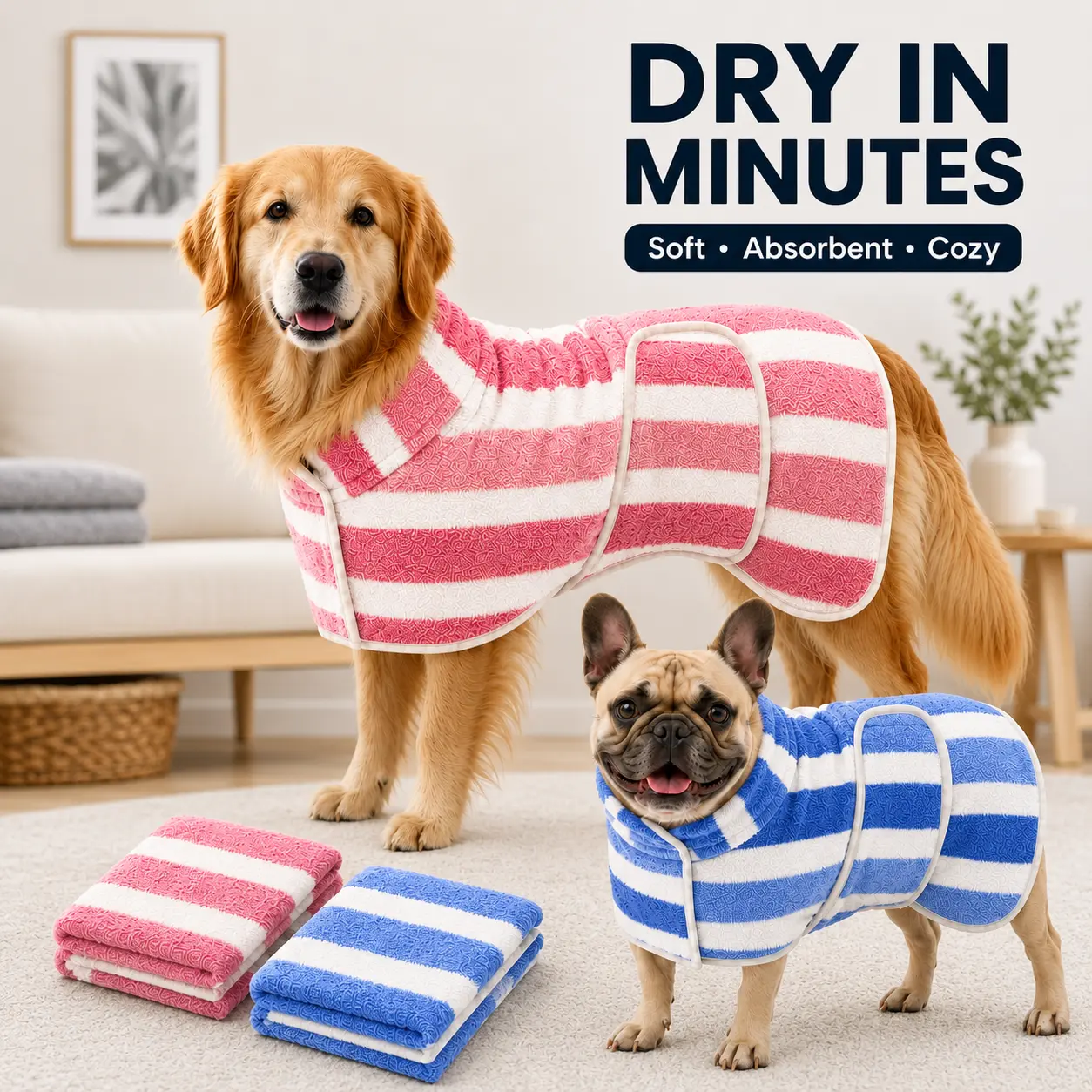 Quick-Drying Dog Bathrobe, 1-Piece Striped Clean Pet Bathrobe with Adjustable Belly Band, Super-Absorbent Soft Fabric, Machine Washable