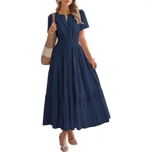 2026 Summer Women's Casual Mid-Length Dress Lightweight Short-Sleeve V-Neck Elastic Waist Bohemian Beach Dress with Pockets Navy Blue Plus Size Basic Womenswear