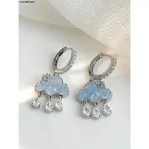 Women's Cloud Design Drop Earrings - Artificial Crystal Decor, Water Drop Tassel Dangle, Copper Base, Elegant Look Fashion Costume Jewelry for Party, Daily Wear, Birthday Gift