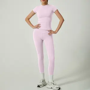 Women's Fitness Set Two-Piece Seamless Long-Sleeve Crew Neck Long Top Leggings Pants Fitness Yoga Wear