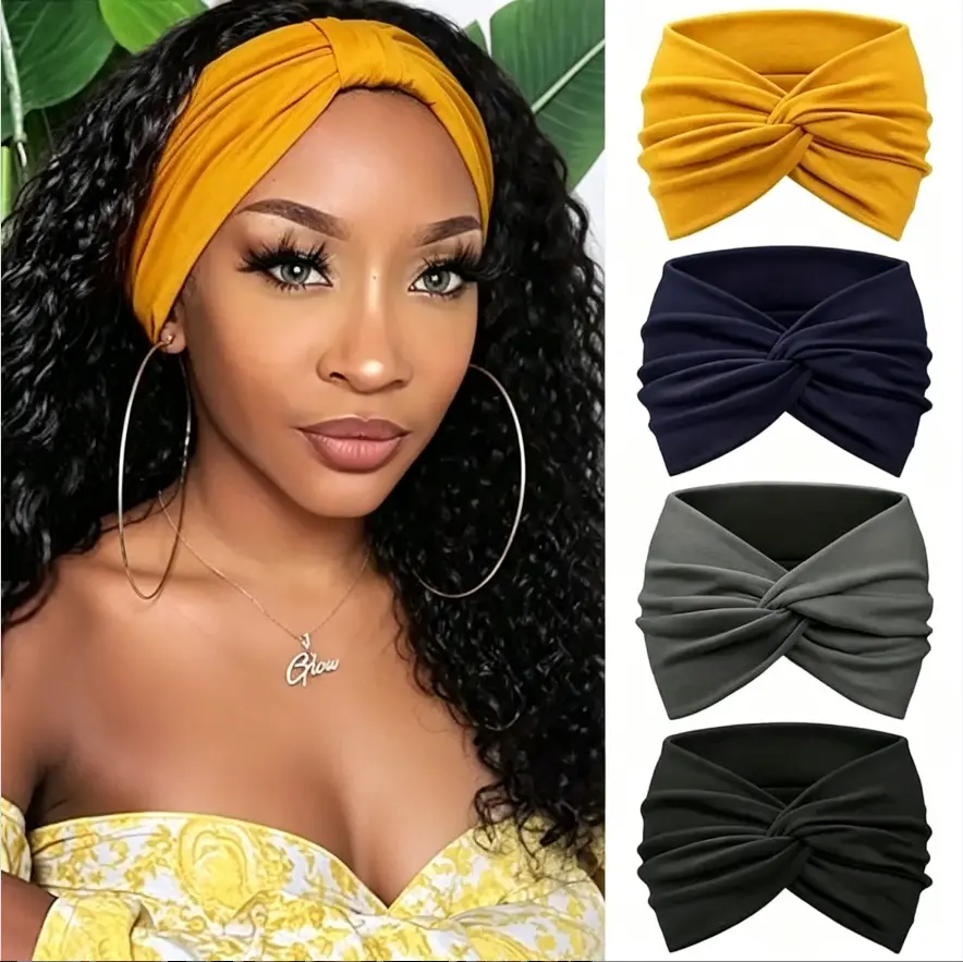 4 Pack Knotted Turban Headbands for Women, Vintage Wide Soft Head Wraps, Fashion Elastic Cute Hair Bands, Versatile Hair Accessories for Yoga, Running, Daily Casual Look and Party Outfit Matching
