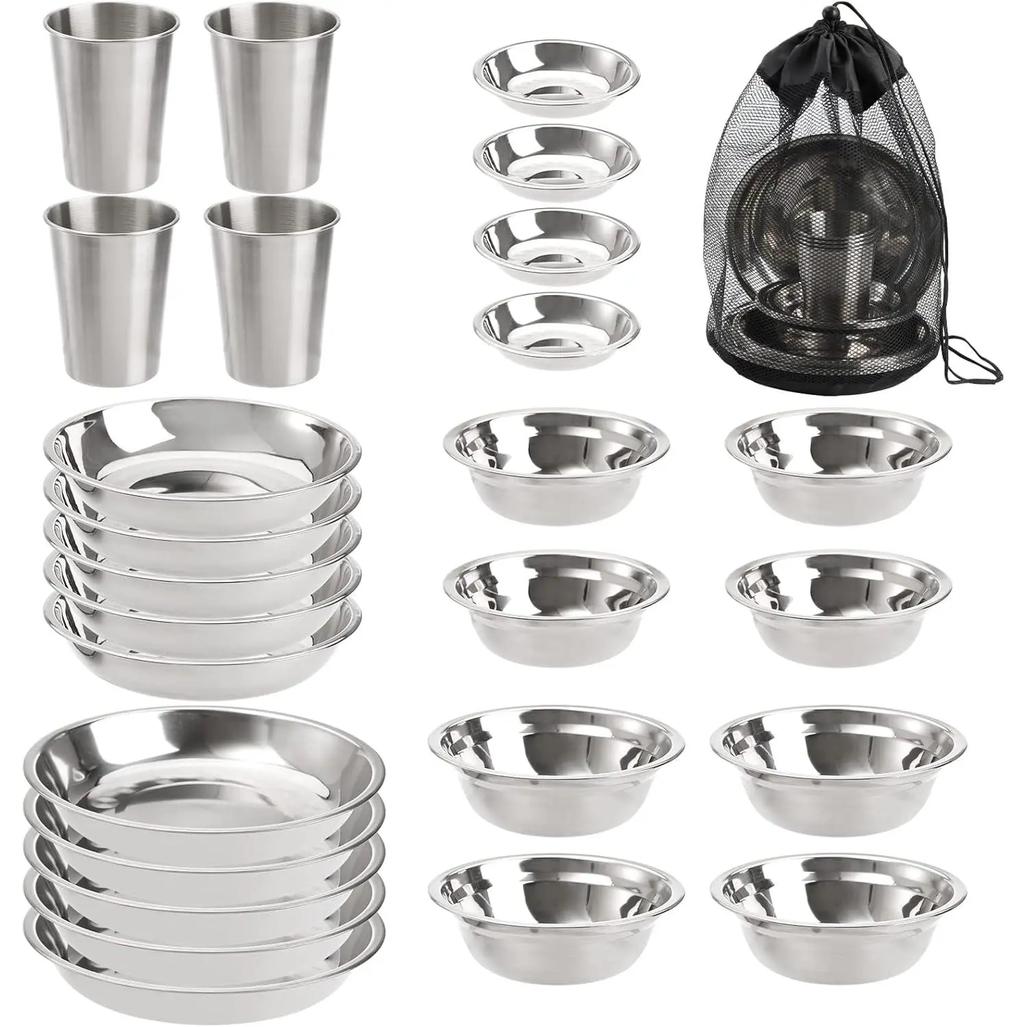 Set of 26 Stainless Steel Camping Plates and Bowls, Camping Mess Kits Camping Dish Set Tableware Includes Plates, Bowl, Cups, Stainless Steel Dinnerware for Camping, Hiking, Travel, Picnic