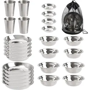 Set of 26 Stainless Steel Camping Plates and Bowls, Camping Mess Kits Camping Dish Set Tableware Includes Plates, Bowl, Cups, Stainless Steel Dinnerware for Camping, Hiking, Travel, Picnic