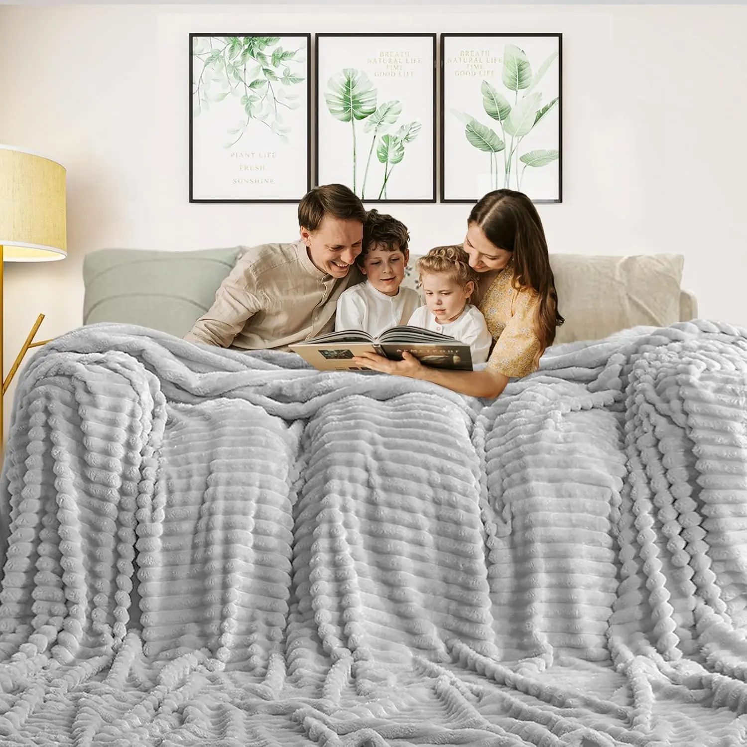 Solid  Flannel Fleece Blanket (120x120 inches) Cozy Throw Blankets for Couch Sofa and Bed,  Size 10'*10' Super Soft Broad Striped Blankets for Household Bedroom, Light Grey