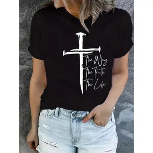 [Cross Women's T-Shirt] Cross The Way The Truth The Life Women's Printed T-Shirt - Summer Casual Streetwear - Short Sleeve - Soft and Comfortable Fabric