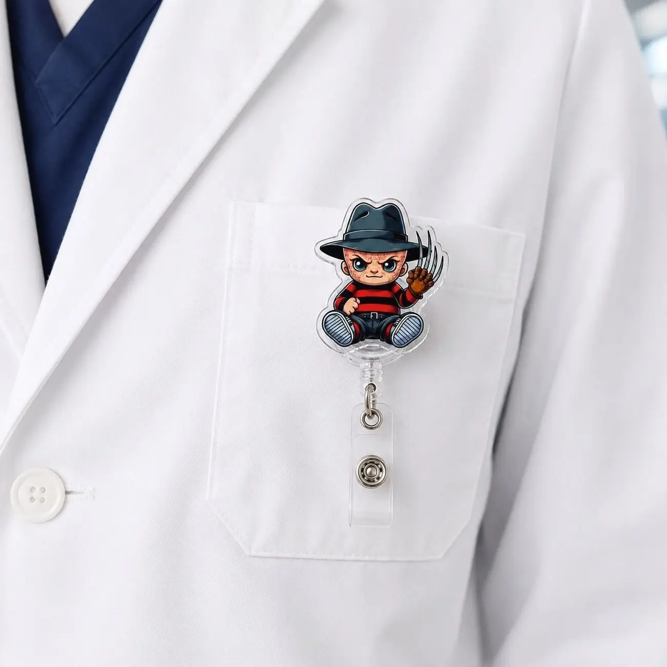 Horror Striped Sweater Claw Boy Badge Reel Retractable ID Card Holder Clip for Nurse & Medical Staff