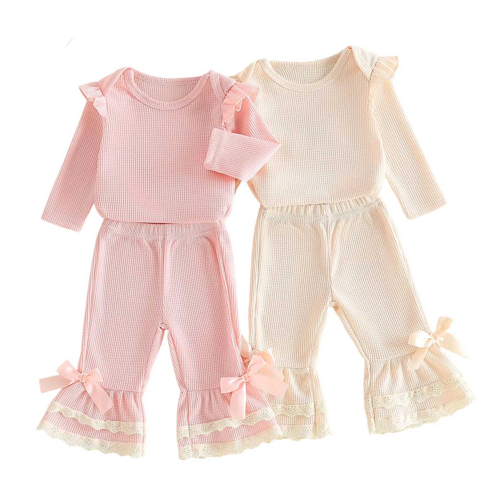 Toddler Baby Little Girls 2 Piece Outfits Waffle Long Sleeve Romper and Flared Pants Set 0-18 Months
