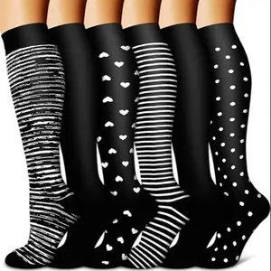 Patchwork Print Compression Socks, 6 Pairs Casual Comfy Breathable Sports Socks for Running Jogging Hiking, Men & Women Socks for Fall & Winter Athletic Socks, Patchwork Crew Socks
