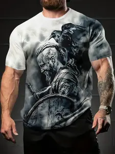 3D Digital Prints for Men in Summer, with a Nordic Mythology Style! Men's Viking Warrior Printed Short-sleeved T-shirts, Round-neck Short-sleeved Men's Clothing That Is Casual, Comfortable, and Versatile, Suitable for Daily and Sports Wear