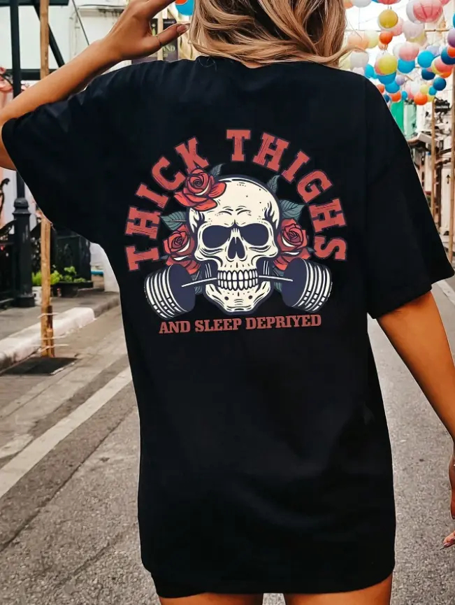 Fun Confident Workout Tshirt Fitness Class Neighborhood Stroll Breathable Cotton Summer Tee Thick Thighs Skeleton Back Design Heat Transfer Tshirt