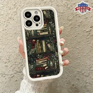 Vintage Bookshelf Floral Pattern Case for iPhone 17 16 15 14 Pro Max 13 12 11 XR XS Plus Air Slim Shockproof Anti Drop Protective Durable TPU Cover