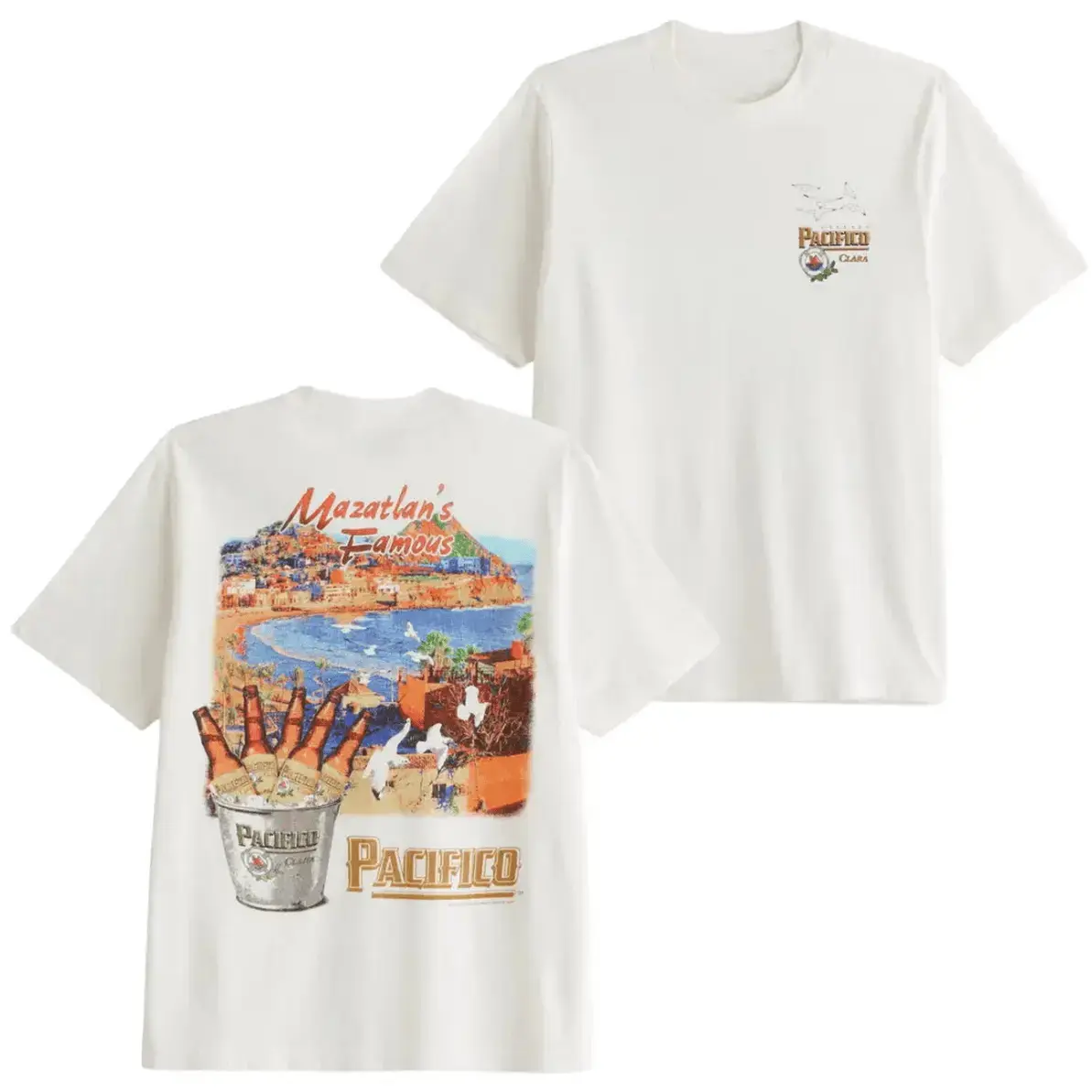 Menswear Casual Short-Sleeve Cotton Tee - Unisex Breathable Round Neck Vintage Coastal Style Vintage Graphic Tees with Retro Mazatlan Beer Graphic Streetwear