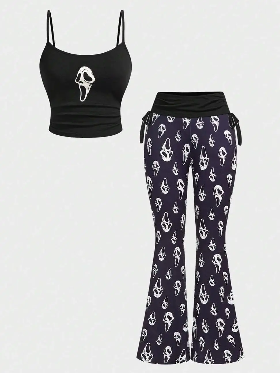 Women's Gothic Skeleton 2 Piece Set, Fitted Camisole Tank Top & All-Over Skeleton Print Flare Pants, Dark Alternative Y2K Streetwear Outfit for Halloween, Party, Concert & Casual Wear