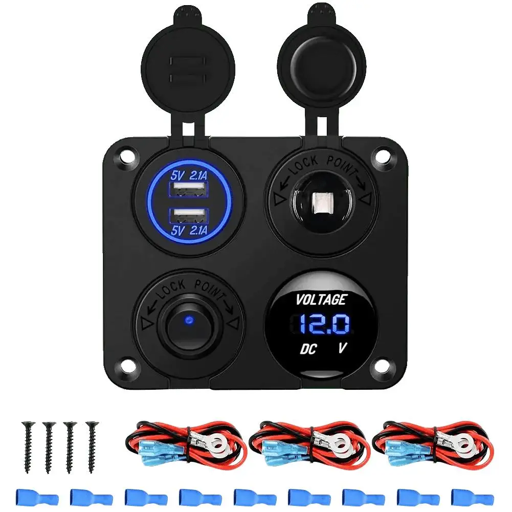 Nilight 4 in 1 ON/OFF Charger Socket Panel w/ Dual USB Voltmeter Cigarette, Universal Sockets, Usb Plug, Charging Hub Sockets, Dual Plug Sockets
